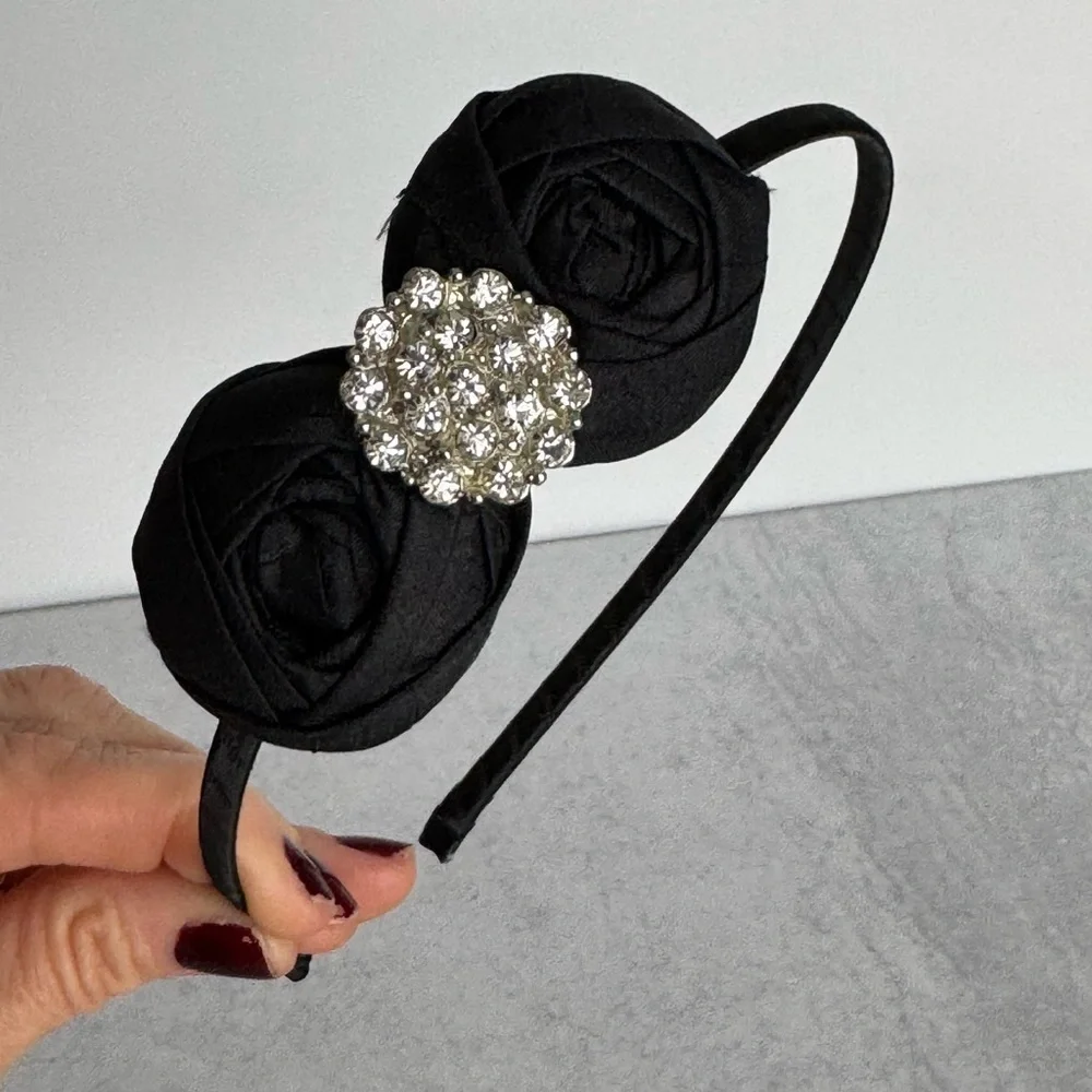 Vintage Silk Rose Headband Black Floral Rhinestone Holiday Hair Accessory